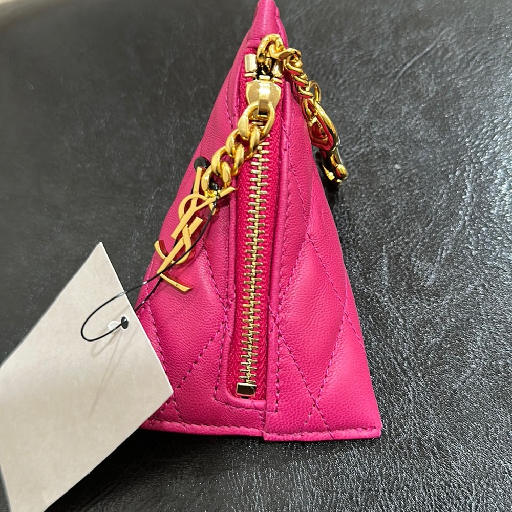 Saint Laurent YSL Berlingo Quilted Leather Logo Zip Key Pouch Charm Wallet